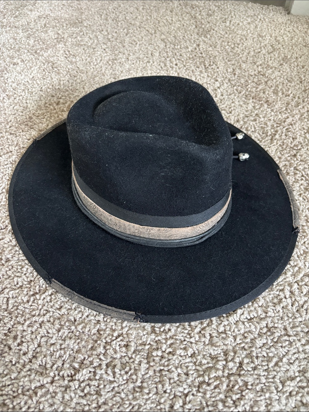 Black Wide-Brim Wool Fedora Hat with Decorative Band